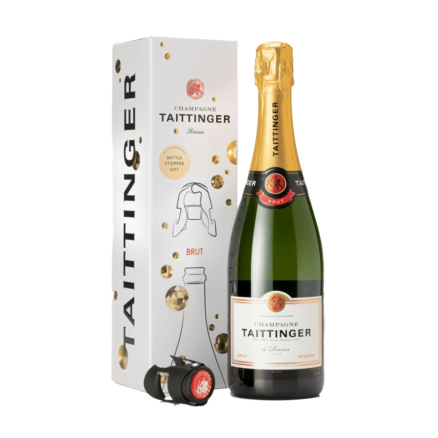 Taittinger Brut Reserve NV & Bottle Stopper Gift Box Set (1x75cl) - TwoMoreGlasses.com