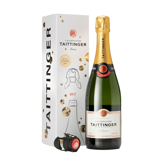 Taittinger Brut Reserve NV & Bottle Stopper Gift Box Set (1x75cl) - TwoMoreGlasses.com