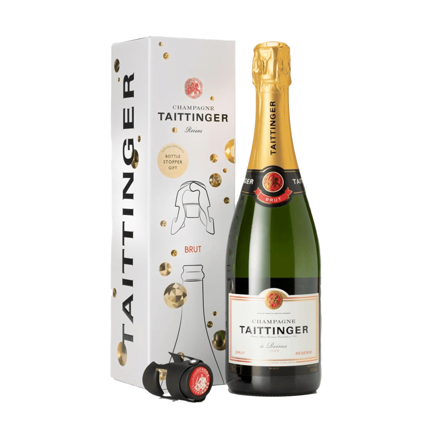 Taittinger Brut Reserve NV &amp; Bottle Stopper Gift Box Set (1x75cl) - TwoMoreGlasses.com